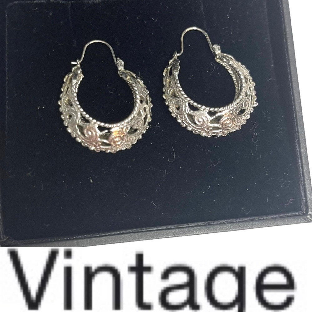 Vintage Silver Tone Filigree Hoop Earrings